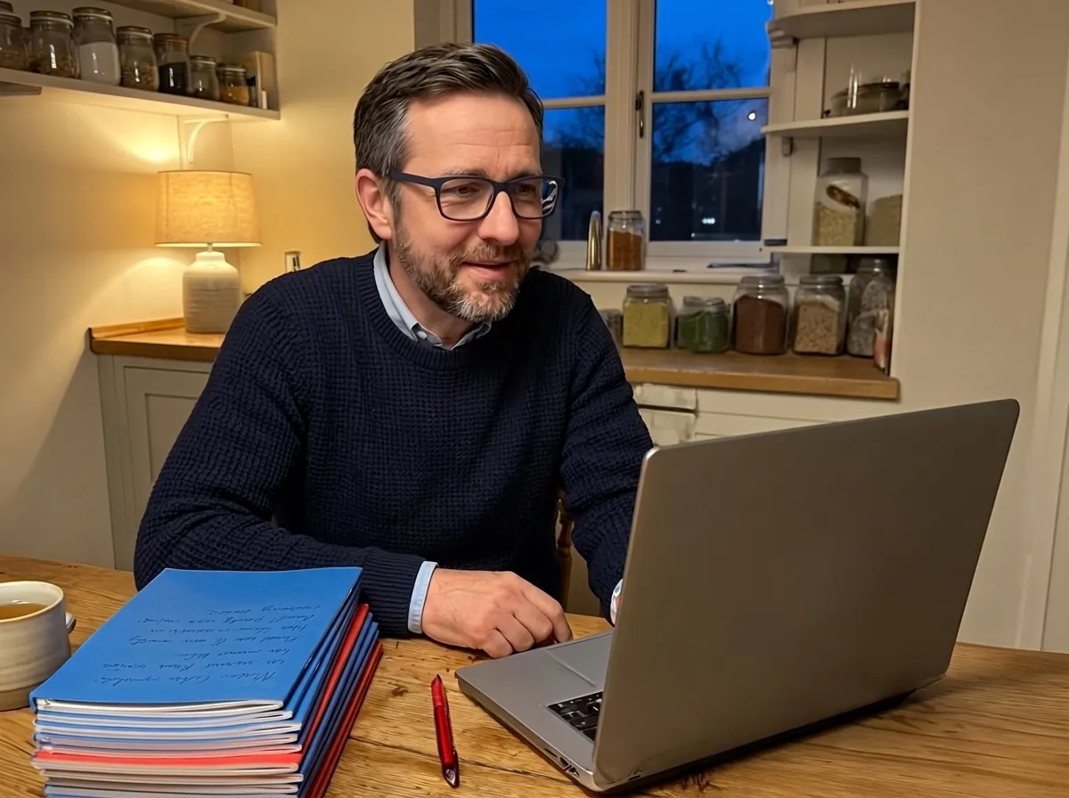 AI-generated image: Mr Albers, a primary school teacher, sits at the kitchen table in the evening next to a pile of exercise books and speaks towards his laptop