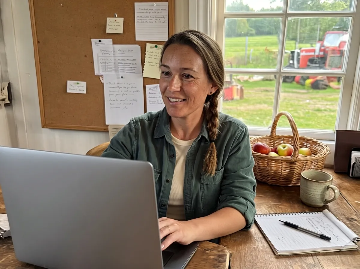 AI-generated image: Hanna, an organic farmer, sits in the farm office overlooking the yard and smiles as she speaks towards her laptop