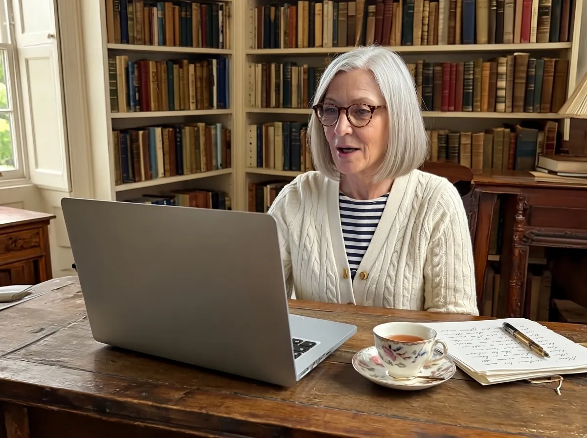 AI-generated image: Henriette, an author, sits at her desk in a study lined with books and speaks