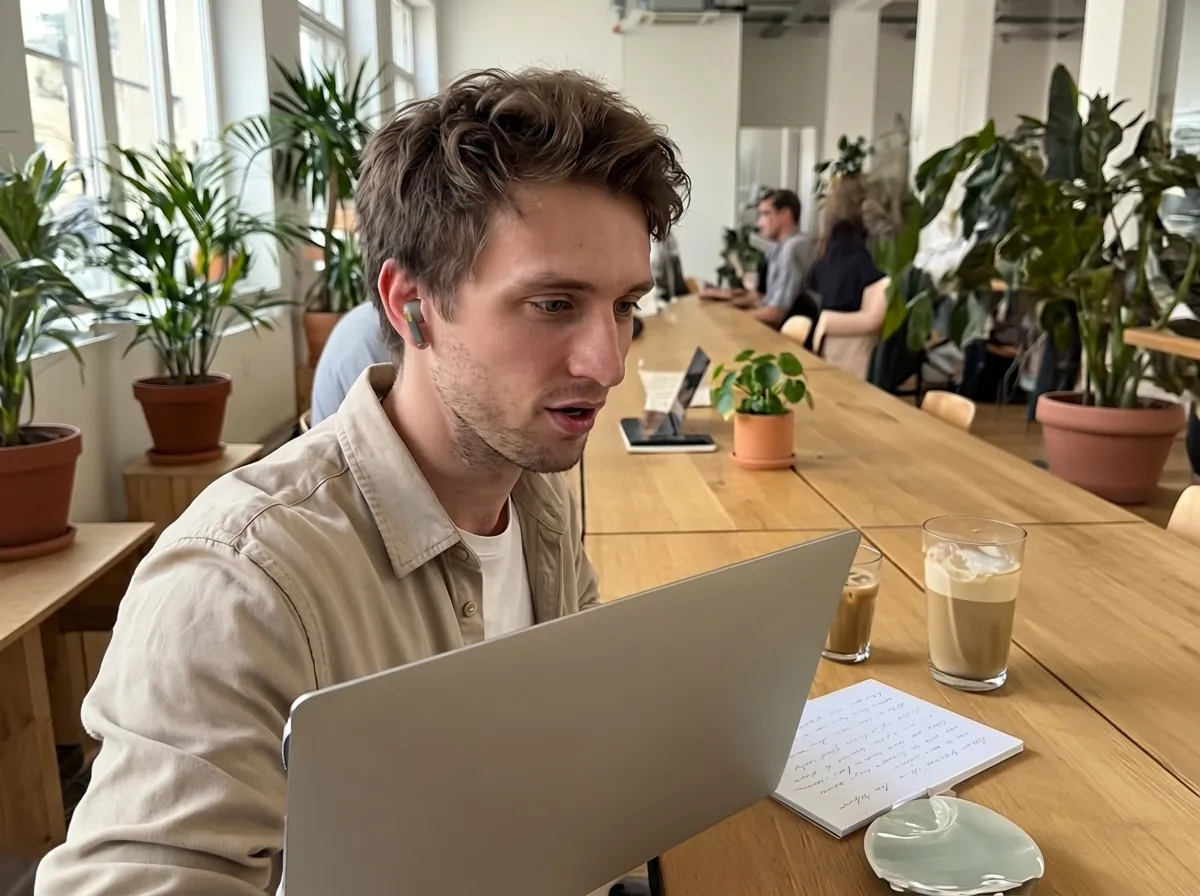 AI-generated image: Lukas, a working student, sits at a long wooden table in a coworking space and speaks to his laptop