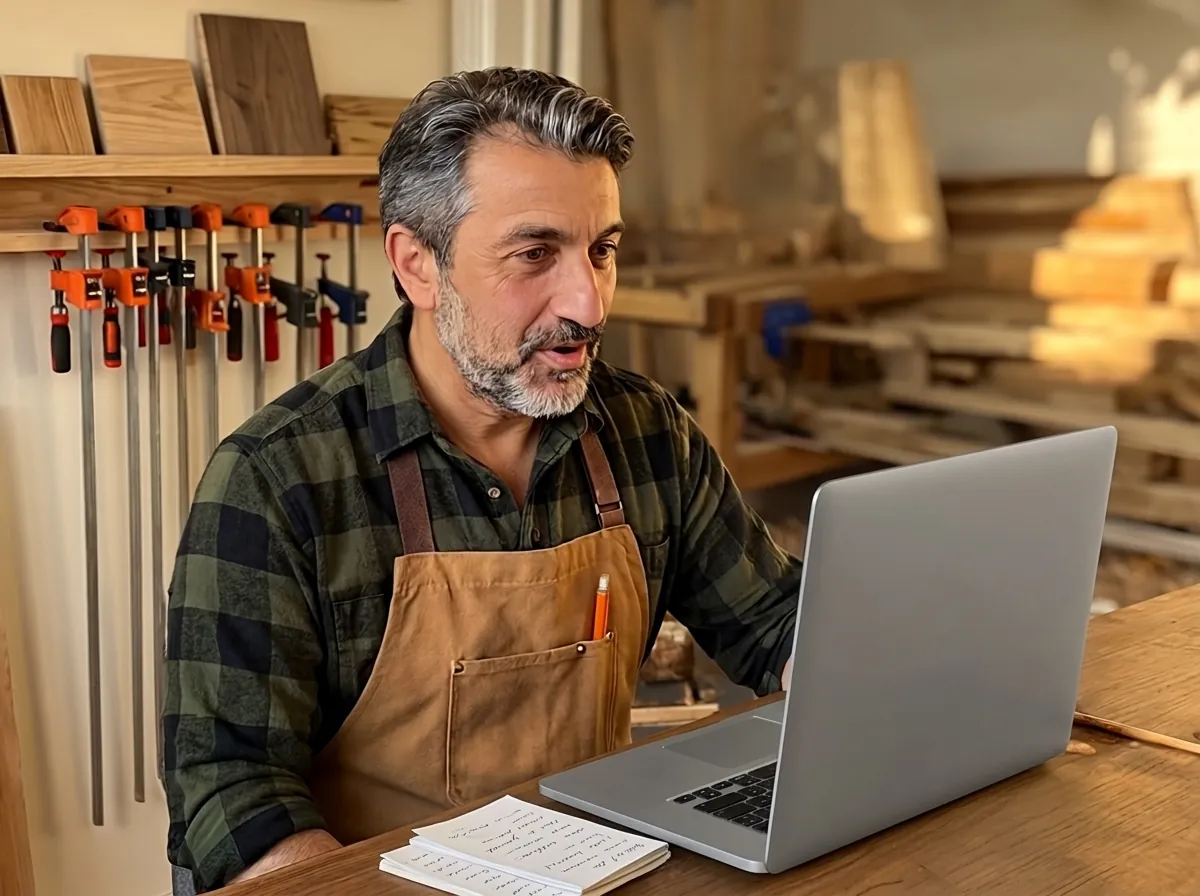 AI-generated image: Mehmet, a master carpenter, sits at his laptop in the office of his workshop and speaks