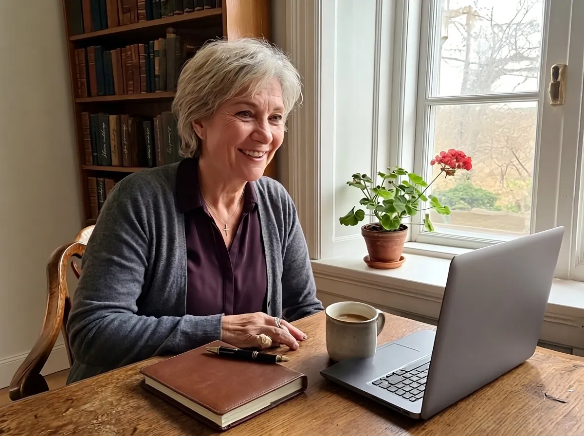 AI-generated image: Ruth, a pastor, sits by the window in the parish office and smiles as she speaks towards her laptop