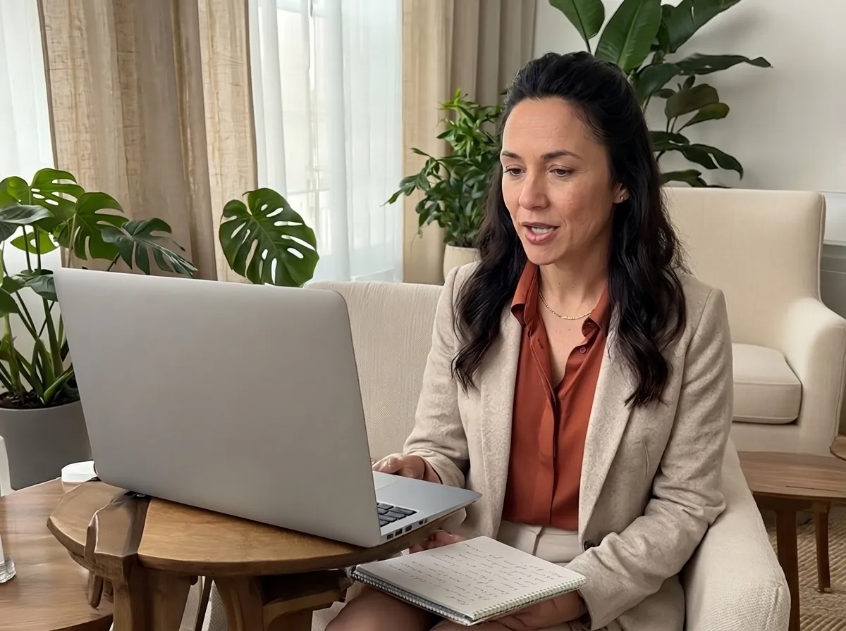 AI-generated image: Selin, a business coach, sits in a bright coaching room after a session and speaks towards her laptop