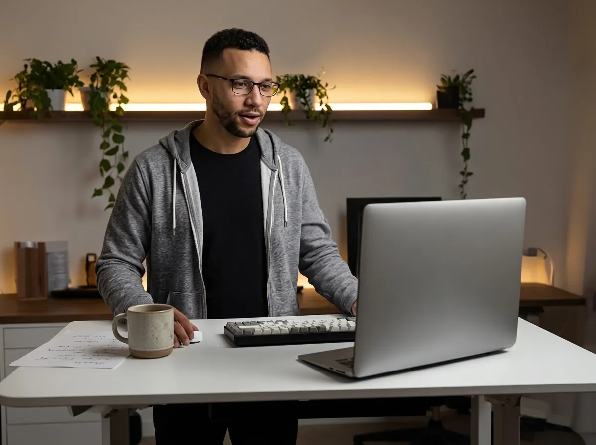 AI-generated image: Tarek, a software developer, speaks towards his laptop at a standing desk in his home office
