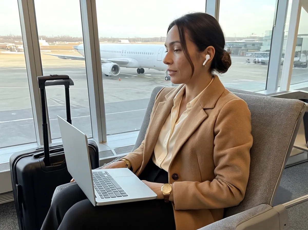 AI-generated image: Valerie, who travels a lot for sales, sits at an airport gate with her laptop on her knees and speaks quietly