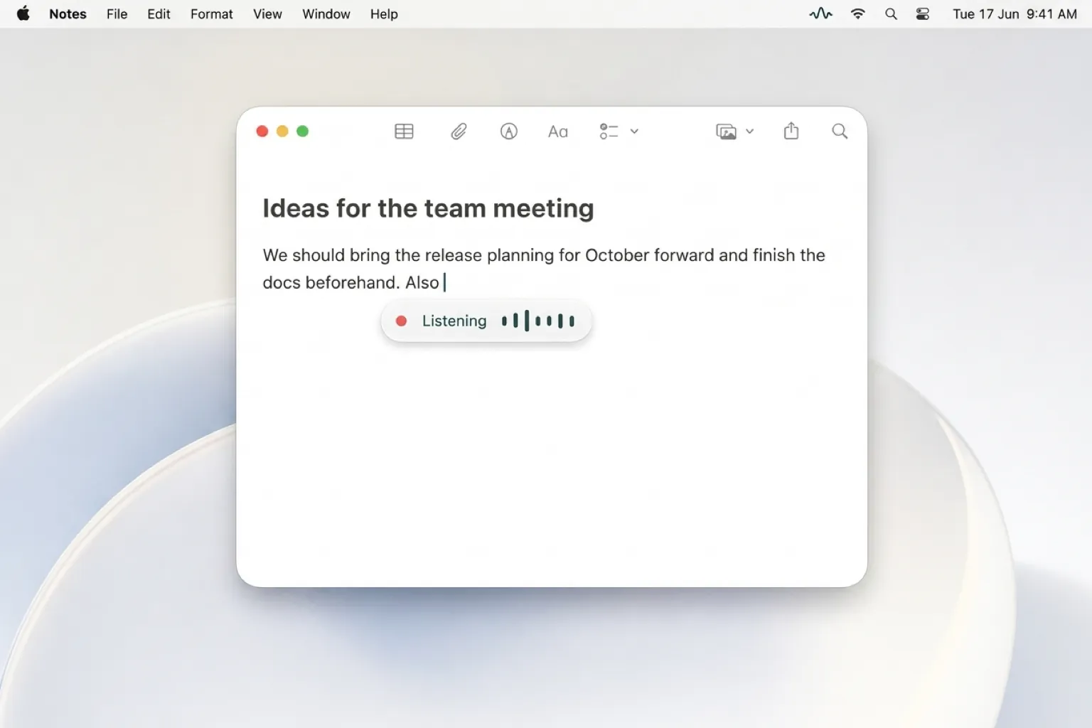 Notes window with dictated text, below it the inlaut indicator “Listening” with level bars