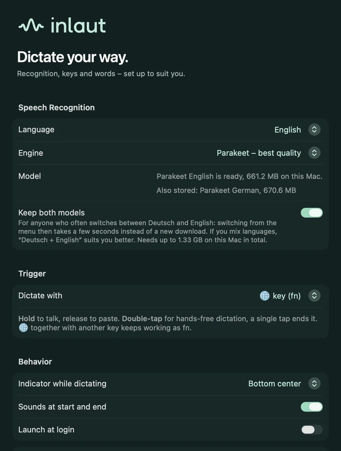 inlaut settings with language, speech recognition, trigger and behavior