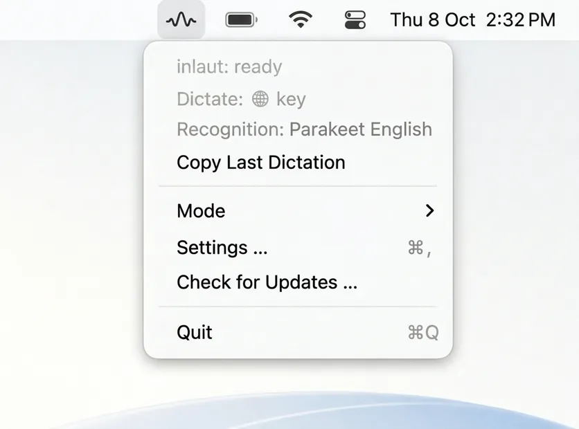 Open inlaut menu in the menu bar with status, settings and quit