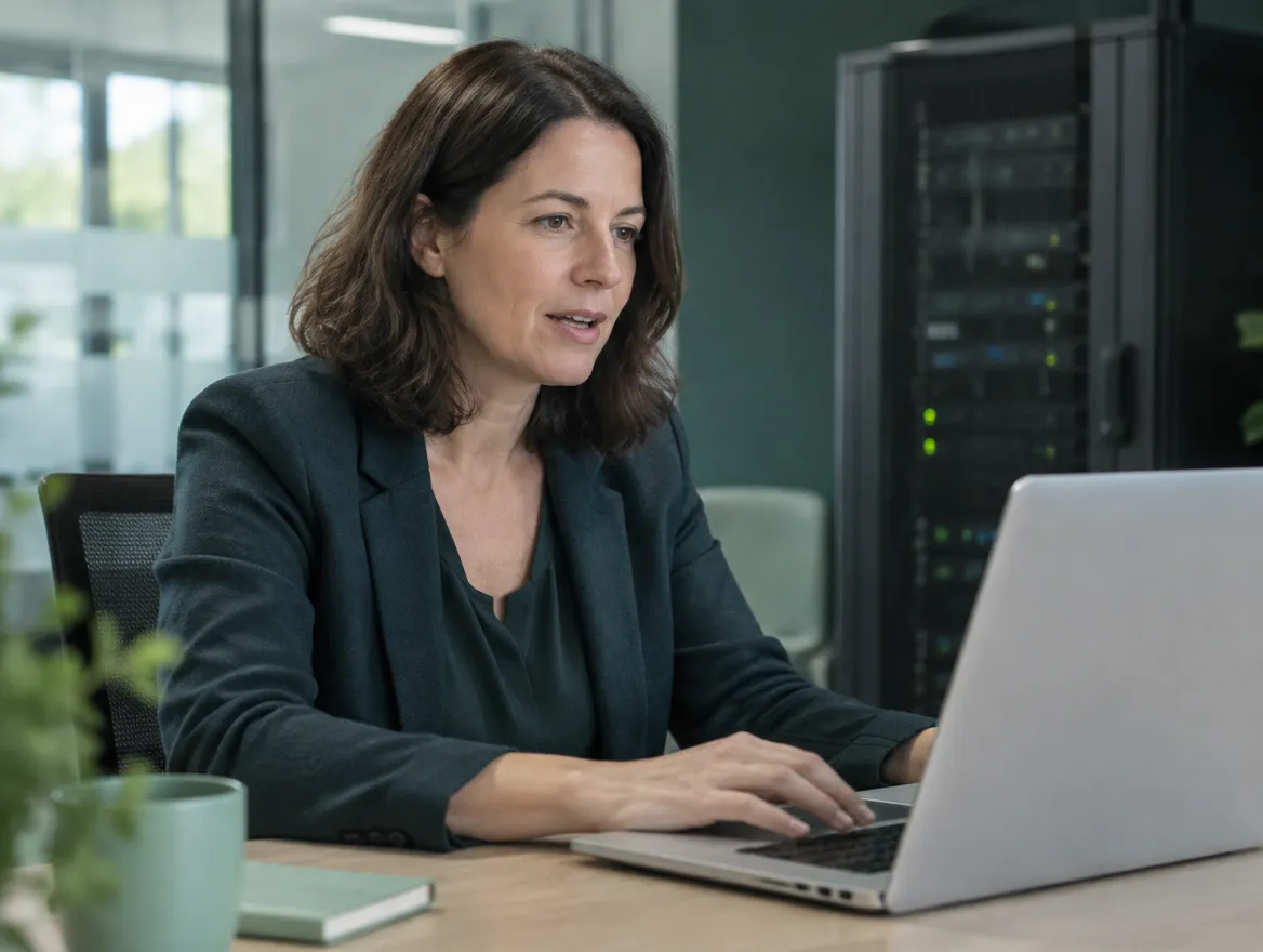 KI-generiertes Bild: Eine IT-Sicherheitsverantwortliche sitzt im Büro vor einem Serverschrank und spricht in Richtung ihres Laptops